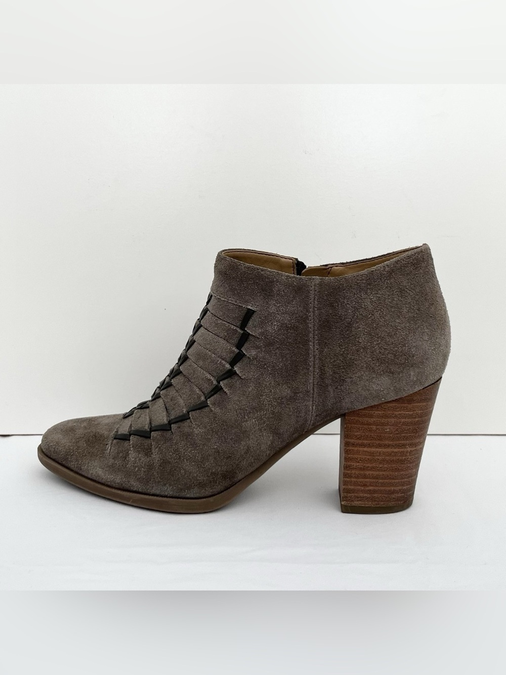 Franco Sarto Women's Destiny Suede Booties Ankle Boots 8.5 Woven Brown Gray Boho
